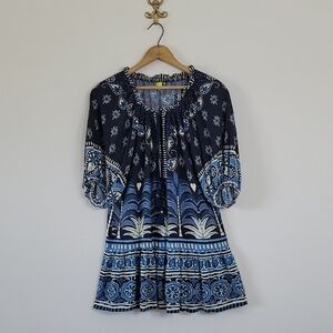 FARM‎ Rio Blue Paisley Palm Elbow Sleeve Mini Dress Size Small